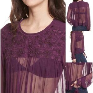 Free People Flowy Maroon Floral Mesh Beaded Blouse Size XS